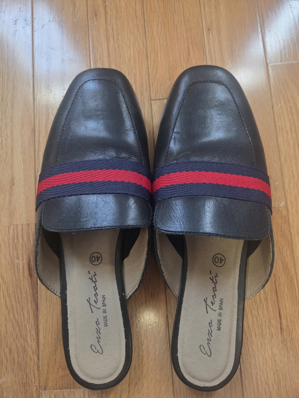 Enzo Tesoti Black Leather Mules Navy and Red Ribbon Flats Slip On Shoes